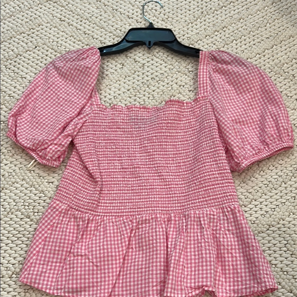 French Connection Pink and White Peplum Blouse with Puff Sleeves